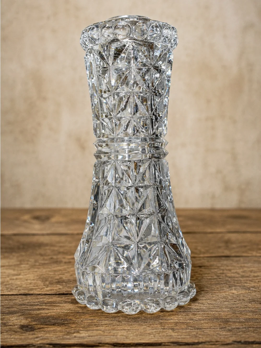 Vintage Clear Cut Glass Bud Vase Starburst Fan Pattern Scalloped Rim 6.5 Inch